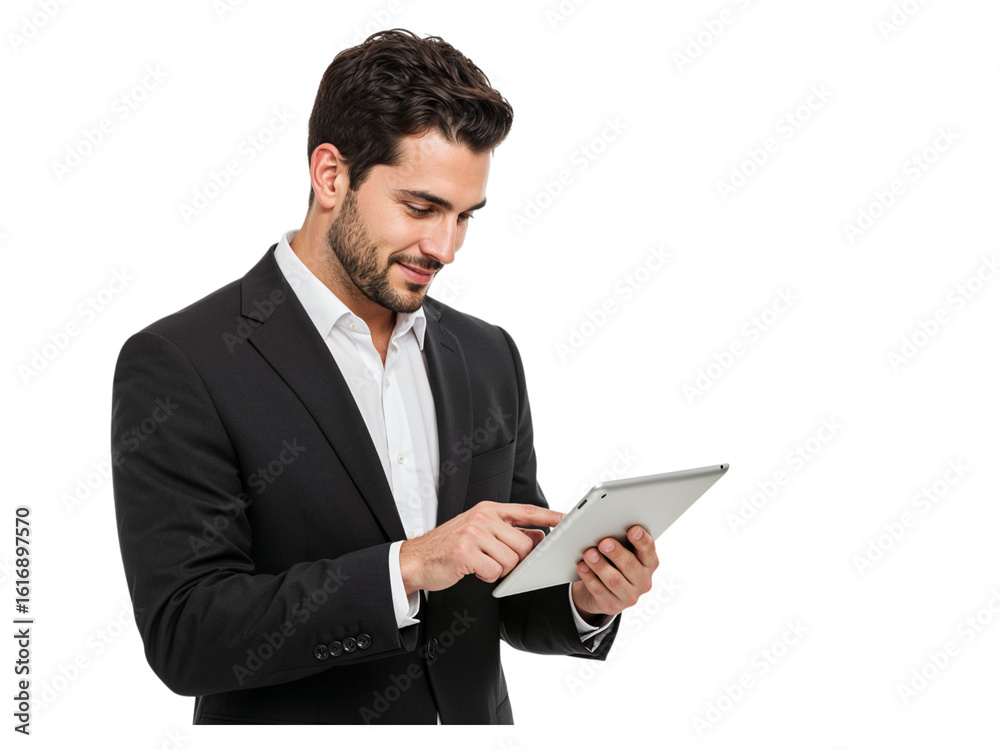 Businessman Using Tablet Computer on Transparent Background Businessman Using Tablet Computer on Transparent Background