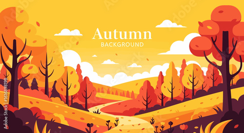 Flat illustration of serene autumn background with warm-toned trees on rolling hills, a light orange sky, and soft white clouds. Ideal for fall-themed designs and promotions