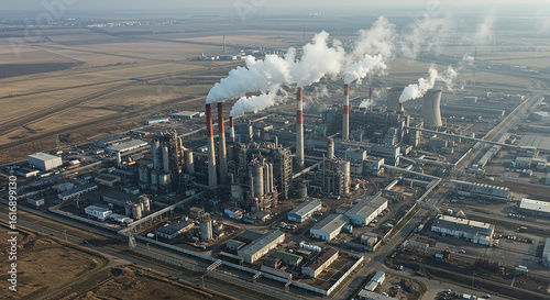 Aerial Drone Shot of a Large Industrial Factory with Smoking Chimneys