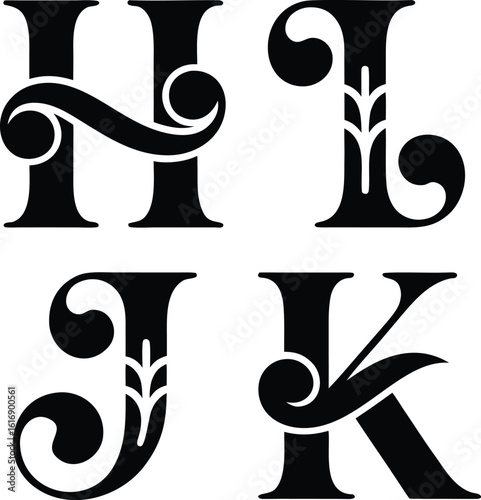 Elegant Ornate Letters H I J K Monogram Design Elements