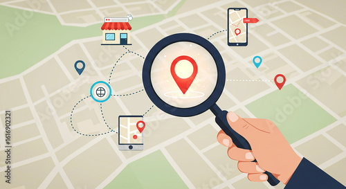 Local SEO Strategy: Magnifying Glass Focuses on a Location Pin on a Map. Digital Marketing, GPS Navigation, and Small Business Search Concepts