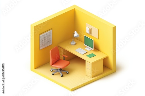 Small isometric office space with a desk  chair  and computer.