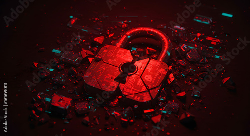 Broken red padlock with scattered fragments on dark background