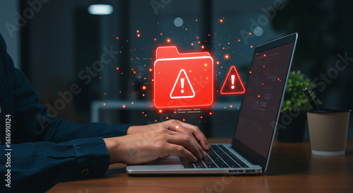 Data Breach & Cyber Security Threat: A Warning Sign of a Malware Attack and Unauthorized Access on a Laptop Screen, Highlighting Digital Risk and Protection