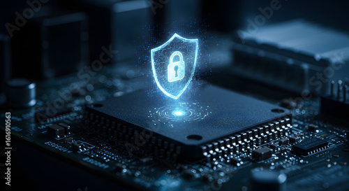 Glowing shield with padlock icon on a computer chip