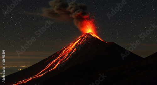 Foto Volcano erupting at night with lava flowing down its sides under a starry dark s