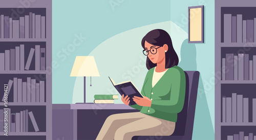 A woman with glasses wearing a green cardigan sits at a desk, engrossed in reading a book in a library.