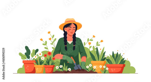 Smiling woman in a straw hat planting a seedling among various potted plants and flowers.