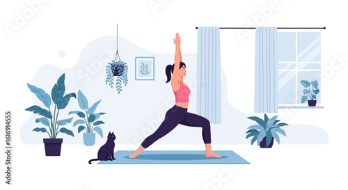 A woman practices yoga on a mat with her black cat in a serene, plant-filled room.