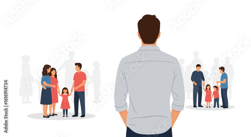 A man stands with his back to the viewer, facing two groups of families with children, representing choice or social dynamics.