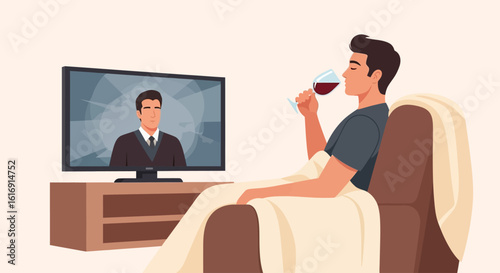 Man relaxing in an armchair, watching a news anchor on TV while drinking red wine from a glass.