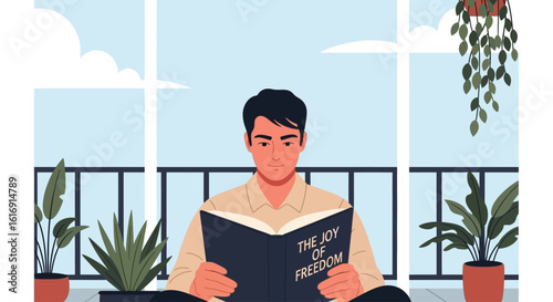 A young man sits on a balcony reading a book titled 'The Joy of Freedom' surrounded by plants.