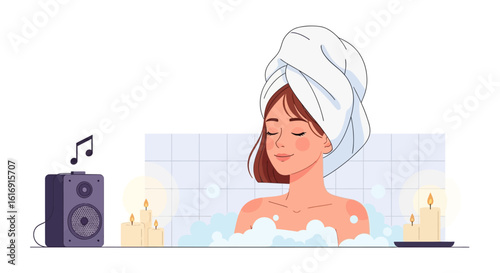 A relaxed woman with a towel on her head enjoys a soothing bubble bath, listening to music and surrounded by glowing candles.