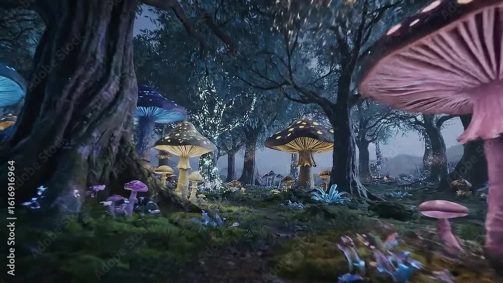 Surreal POV Walk Through a Magical Bioluminescent Forest at Dusk