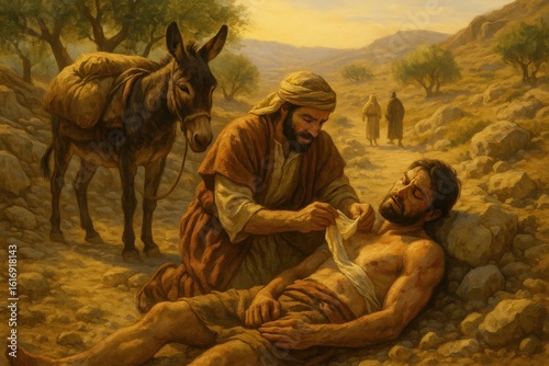 Good Samaritan helping injured traveler on dusty ancient road with donkey and supplies nearby