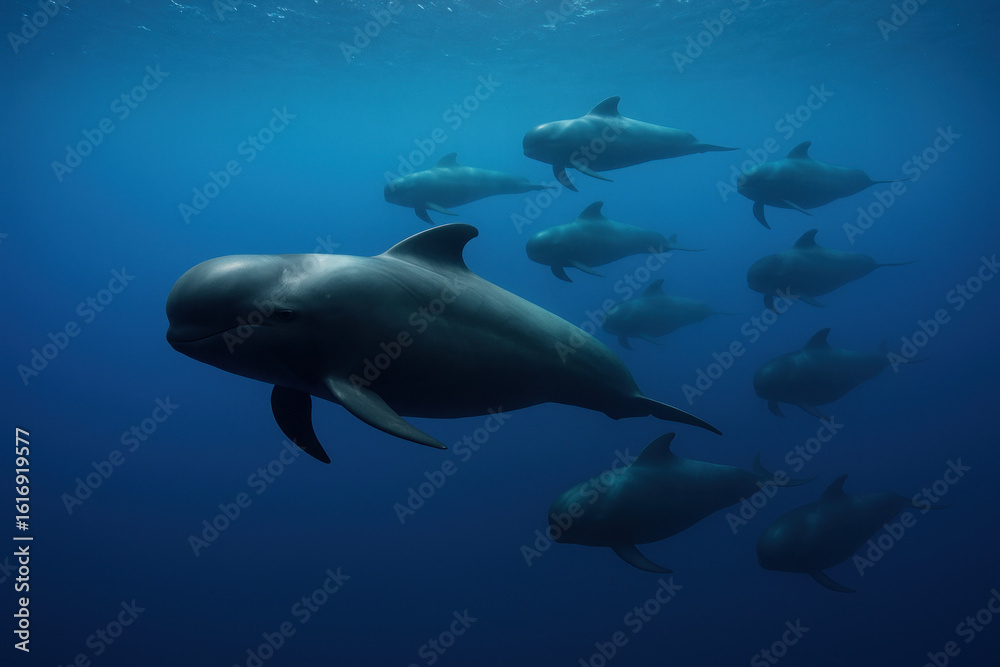 Fototapeta premium Pod of Pilot Whales in Deep Blue Ocean, Photo