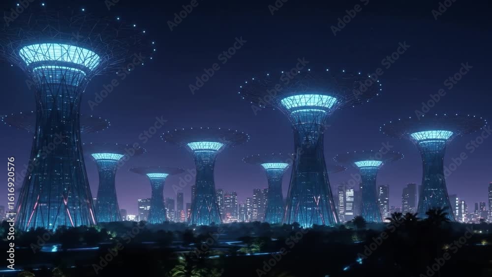Futuristic Cityscape at Night: Illuminated Structures