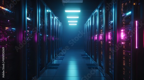 Server room illuminated with vibrant neon lighting.