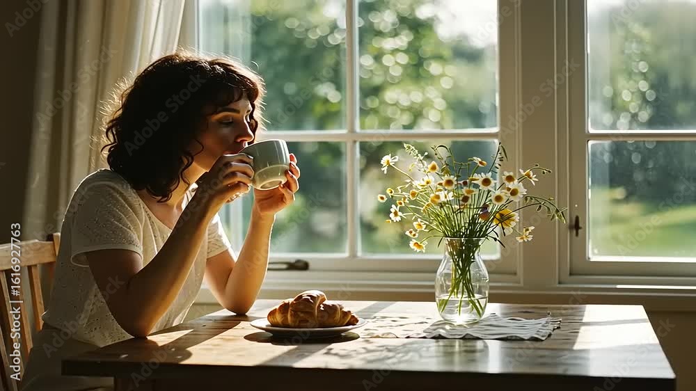 Serene Morning Scene of a Woman Drinking Tea or Coffee by the Sunlit Window with a Vase of Flowers