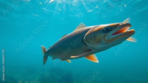 A trout gliding through crystal-clear blue water, illuminated by sunbeams from above.