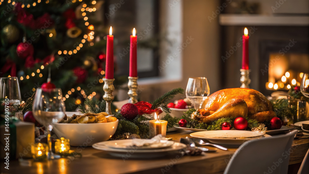 Naklejka premium Christmas dinner table with festive dishes concept. A beautifully set table ready for a festive holiday dinner.