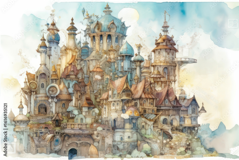 Obraz premium A charming fairy-tale town, made in watercolor. The architecture resembles a mixture of medieval and fantasy styles with many towers, domes and tiled roofs.