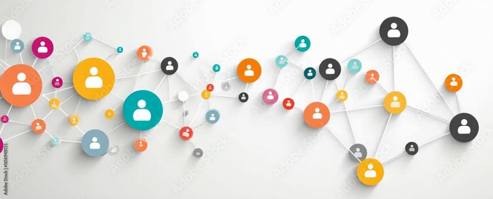 White background with colorful social network connection icons and human figures on it, simple geometric shapes forming an interconnected web of connections Generative AI