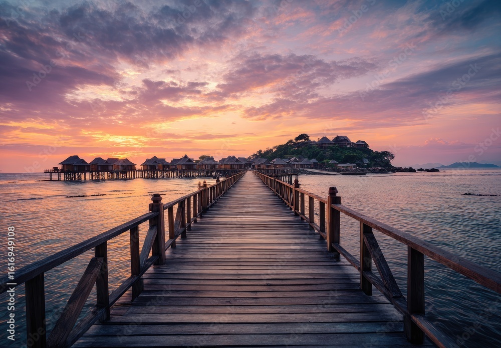 Naklejka premium Wooden pier leading to a tropical island at sunset