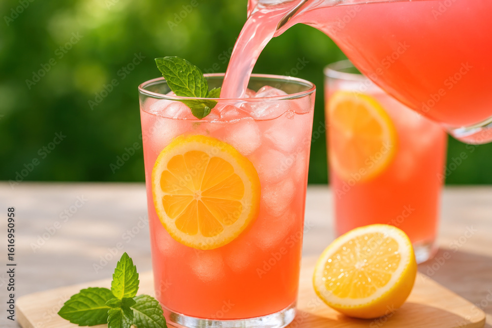 Fototapeta premium Refreshing Pink Lemonade Being Poured - Photo