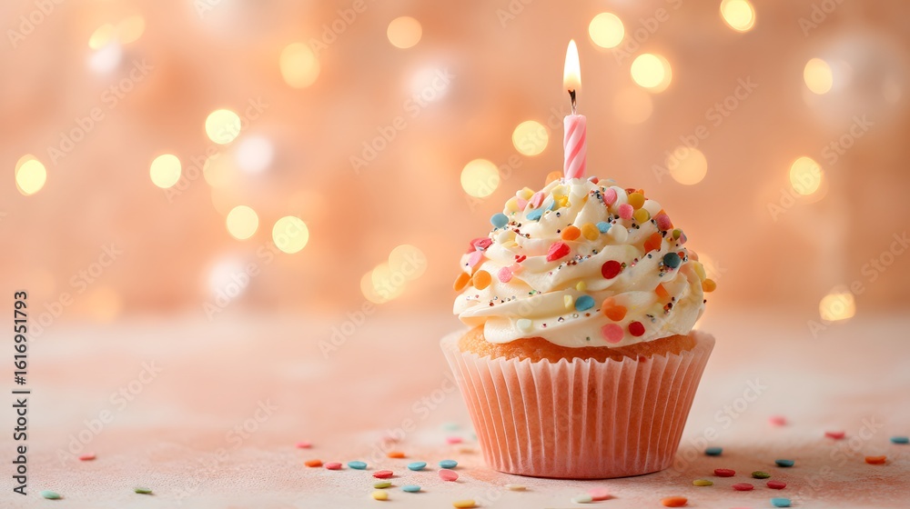 Festive birthday cupcake with candle and sprinkles. Festive birthday cupcake with candle and sprinkles.