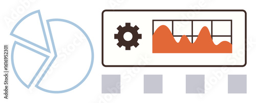 Pie chart, gear icon, and dashboard displaying an orange line graph and grid layout. Ideal for analytics, trends, business metrics, planning, research productivity and innovation. A simple flat