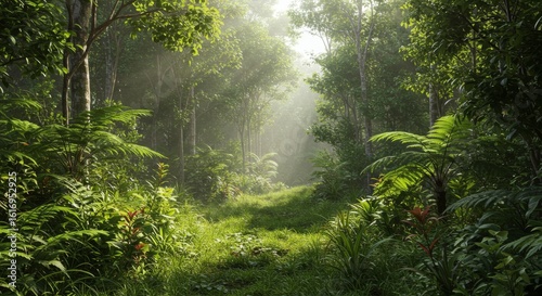 Sunlit Path Through Lush Green Tropical Forest