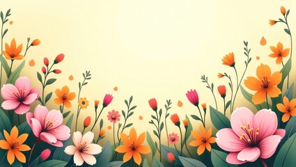 Colorful floral border design with various blossoms.