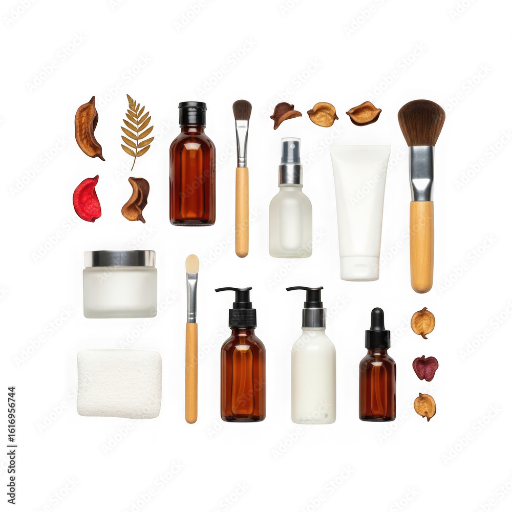 Fototapeta premium Collection of natural skincare products and botanicals isolated on transparent background