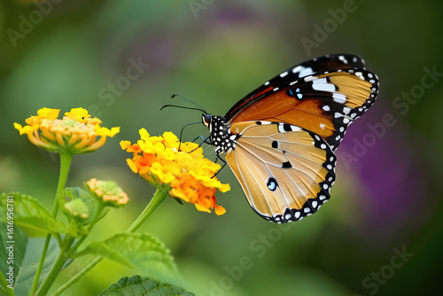 Delicate Danaus chrysippus Butterfly Sipping Nectar from Vibrant Lantana Flowers in a Lush Garden Setting, Showcasing Nature's Beauty and Intricate Details