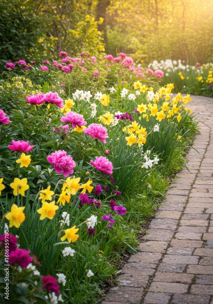 Fototapeta premium Vibrant Pink and Yellow Flowers Blooming Along Brick Garden Path