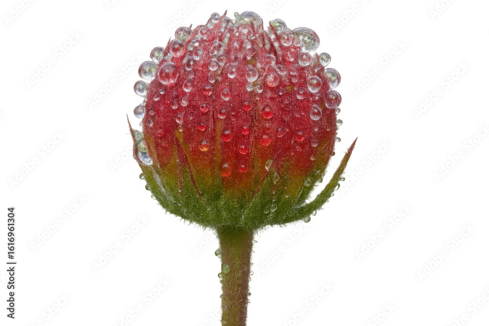 Obraz premium Delicate red flower bud glistening, water droplets sparkling against transparent backdrop, highlighting botanical elegance