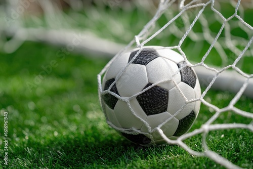 Soccer ball lodged in a goal net on artificial grass