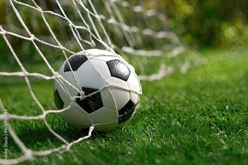 Soccer ball resting in a goal
