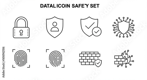 Outline icons depicting security measures including shields, locks, firewalls and fingerprint scans
