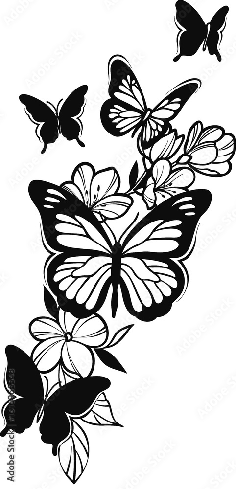 Fototapeta premium 제목: 흑백 나비와 꽃 일러스트 – Black and White Butterfly and Flower Illustration