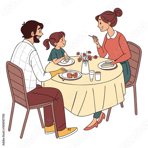 A happy family with a daughter having dinner together at a round table. Vector illustration.