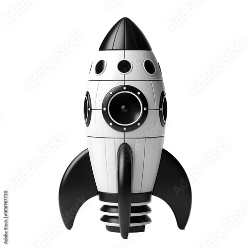 a black and white toy rocket isolated on white background