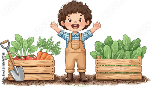 Cute cartoon boy gardening with a shovel and vegetables in watercolor style