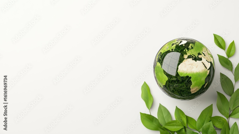 Green Globe on White Surface with Fresh Green Leaves Green Globe on White Surface with Fresh Green Leaves