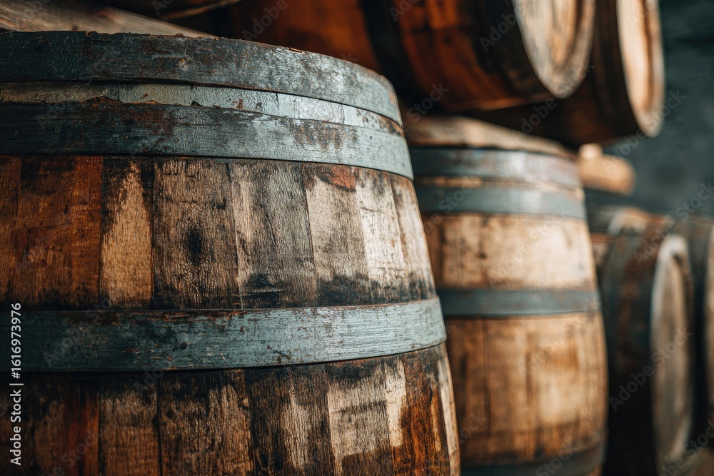 Fototapeta premium Close-up of aged wooden barrels