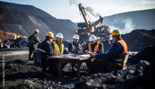 Mining professionals conduct a site meeting, strategizing development amidst heavy equipment and earthworks.