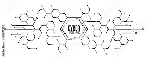 Sci-fi cyber diagram with connected black hexagons on white background. Infographic UI elements for digital, AI, blockchain, or data network concepts. Vector illustration.