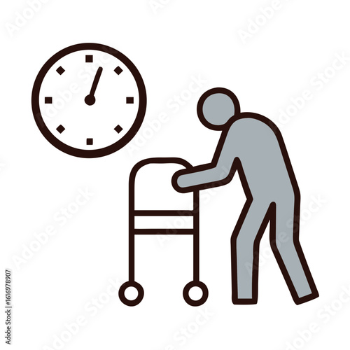 An aged individual struggles with the relentless passage of time, symbolically depicted through the image of an elderly person using a walker under the gaze of a ticking clock, highlighting aging.
