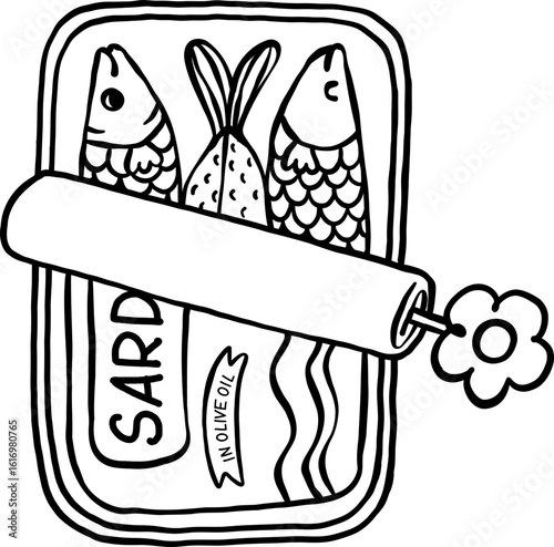 Cute Sardines in tin can hand drawn doodle outline, fisherman aesthetic